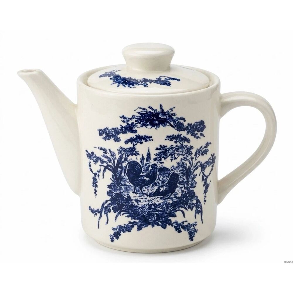 California Pantry Tea Pot Blue White Rooster Toile Coffee Country 6.5in Vintage